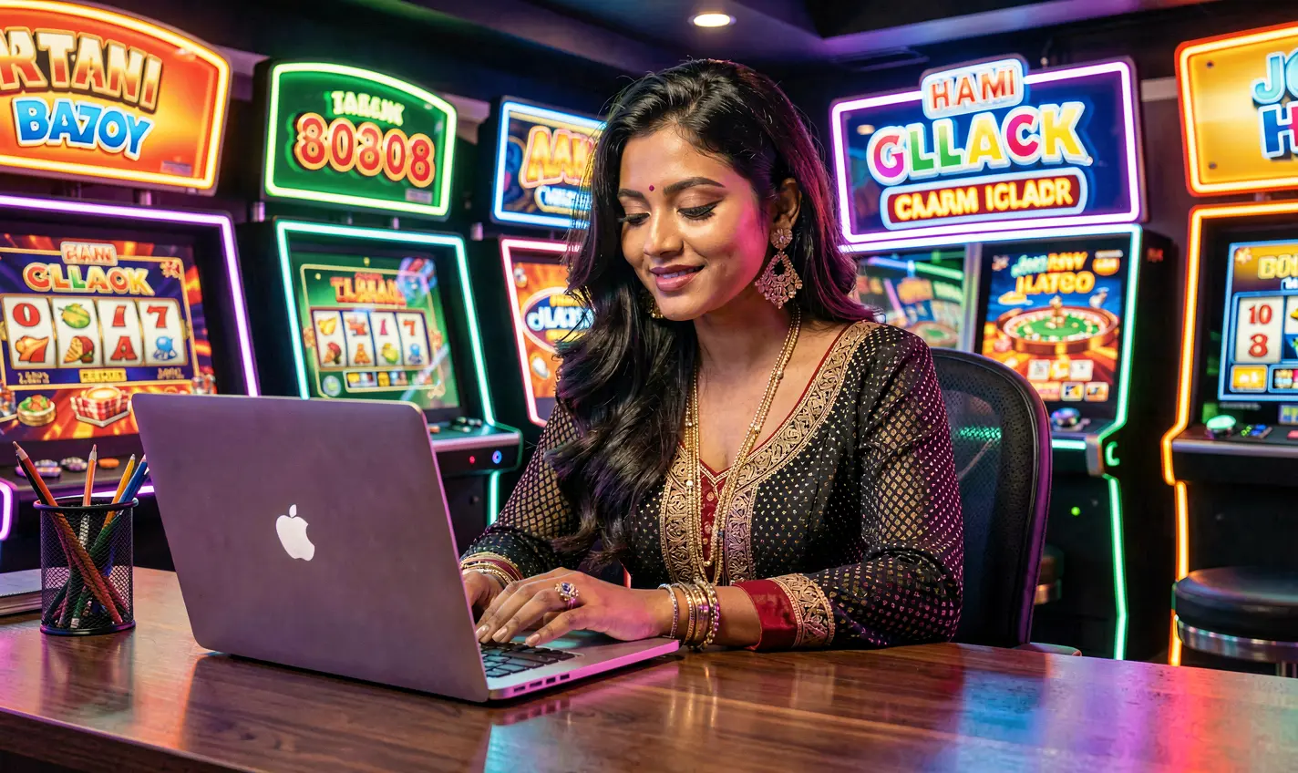 TK988 Games – Explore an exciting world of online casino entertainment in Bangladesh Stylish woman working on a laptop in a neon casino atmosphere with colorful lights symbolizing online gaming excitement at TK988 in Bangladesh