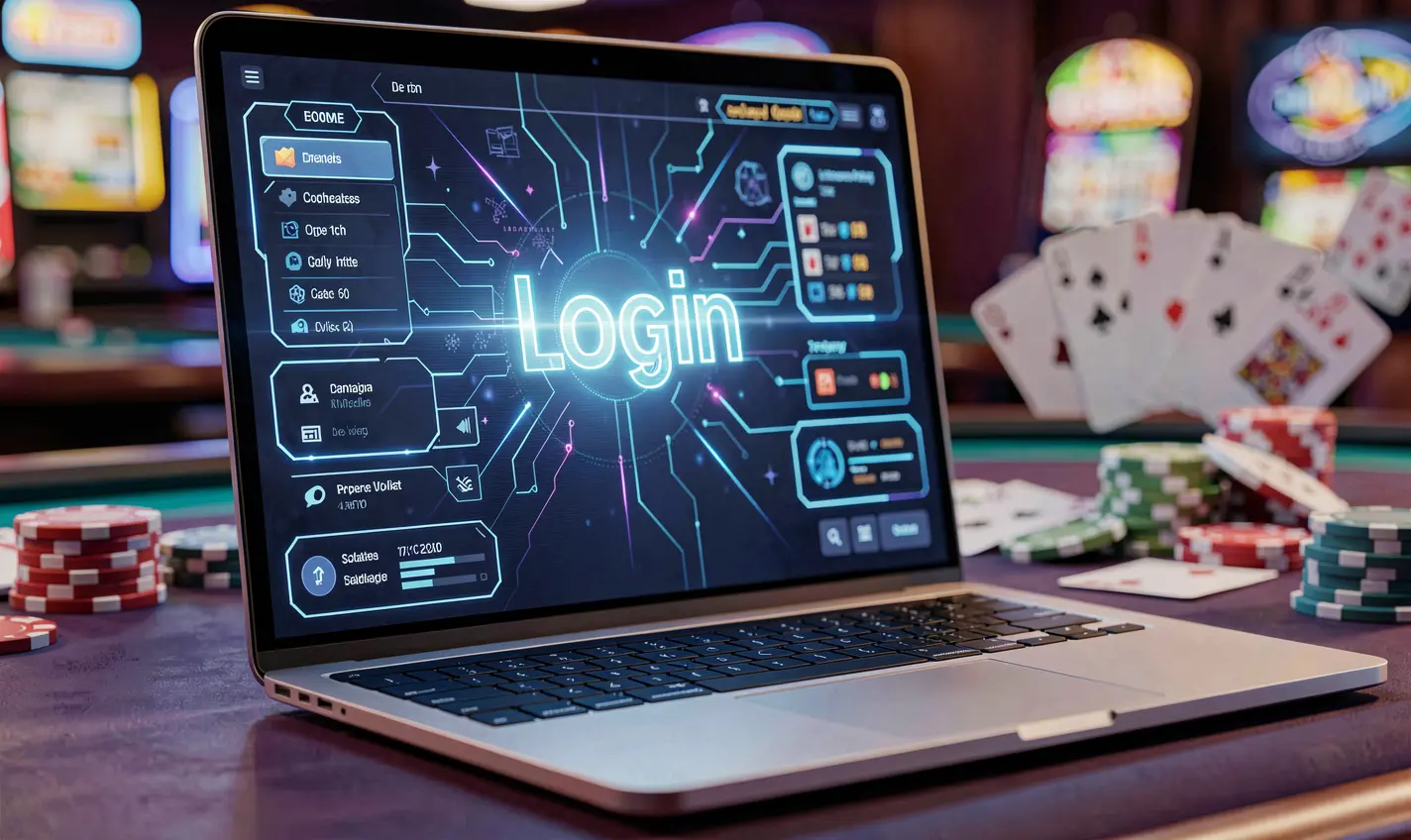 TK988 Login – Fast and reliable account access for players in Bangladesh Close up of a glowing TK988 login button on a laptop surrounded by blurred casino chips and cards highlighting secure access for Bangladeshi players