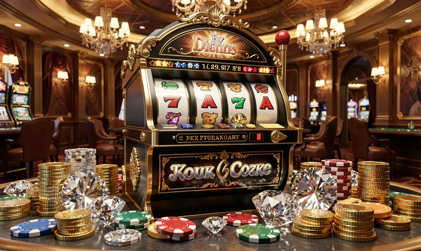 TK988 – Experience premium online slot entertainment for Bangladeshi players Luxury slot machine with golden details and scattered casino chips representing high quality online slot gaming at TK988 in Bangladesh